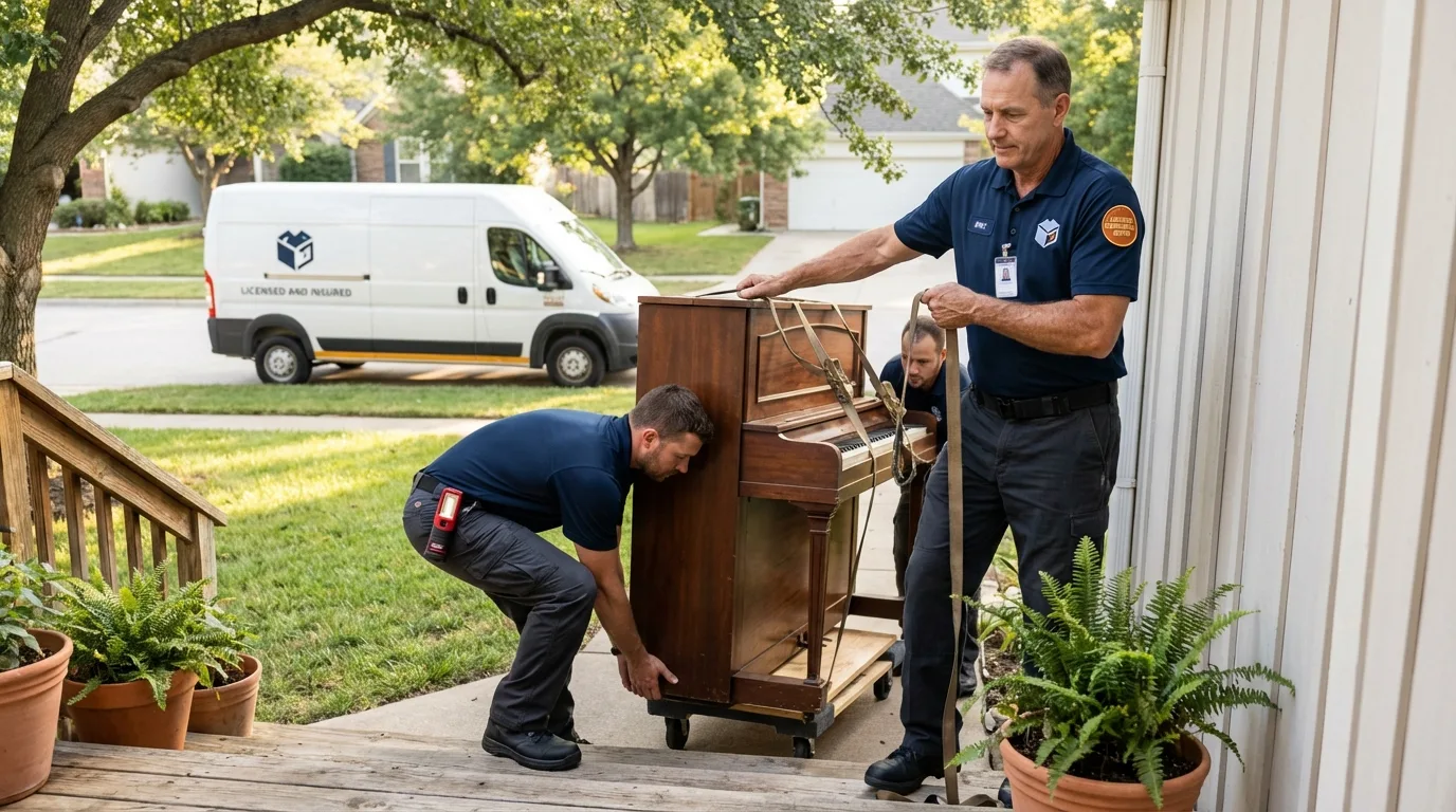 Licensed piano movers securing grand piano in Mayo, FL