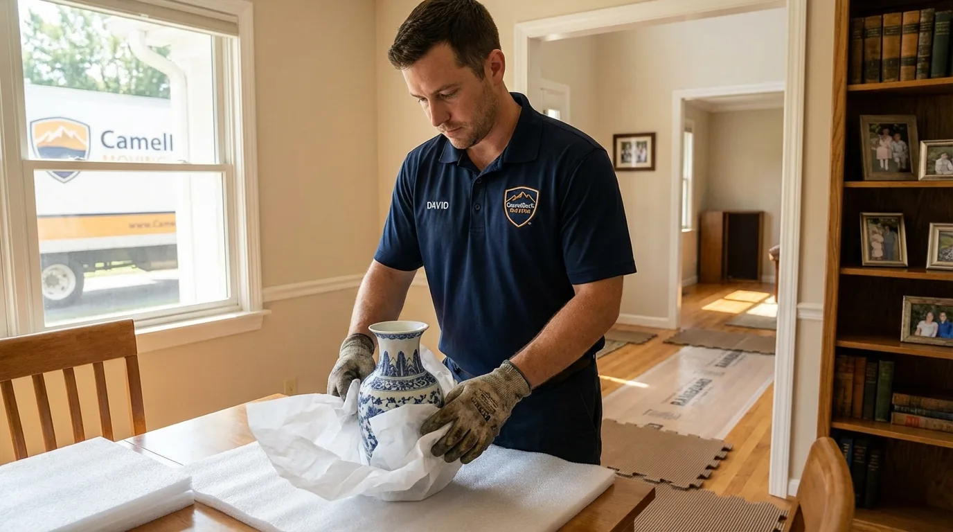 Professional crew carefully wrapping antique vase for senior downsizing move in Mayo, FL